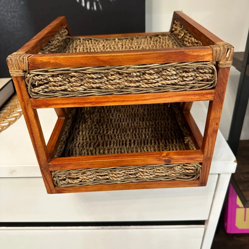 Vintage Tiered Wooden & Rattan Paper Tray or Book Display Holder